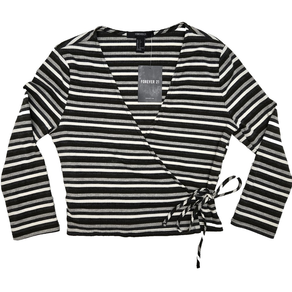 Forever‎ 21 Knit Wrap Top Striped Ribbed Womens Grey White 3/4 Sleeve Small NWT
